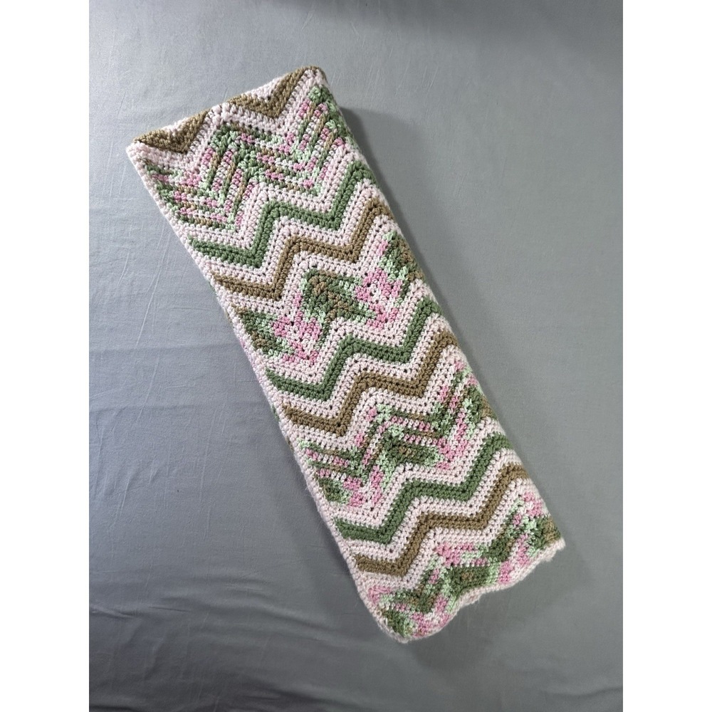 Handmade Crochet Baby Blanket Chevron Pattern Pink and Green 45.5"x37"